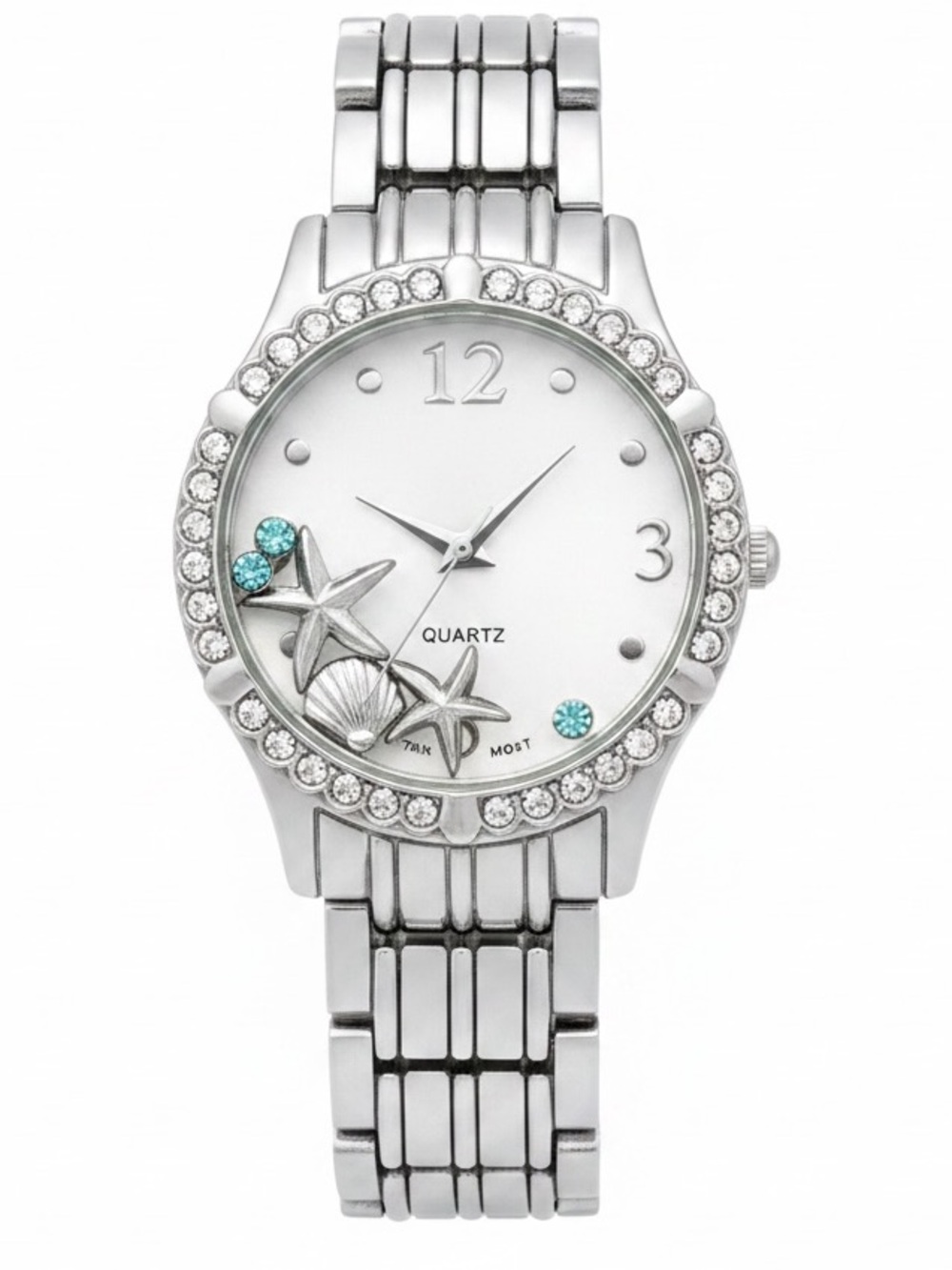 Silver-tone Women's Starfish Accent Bracelet Watch with Aqua Crystals